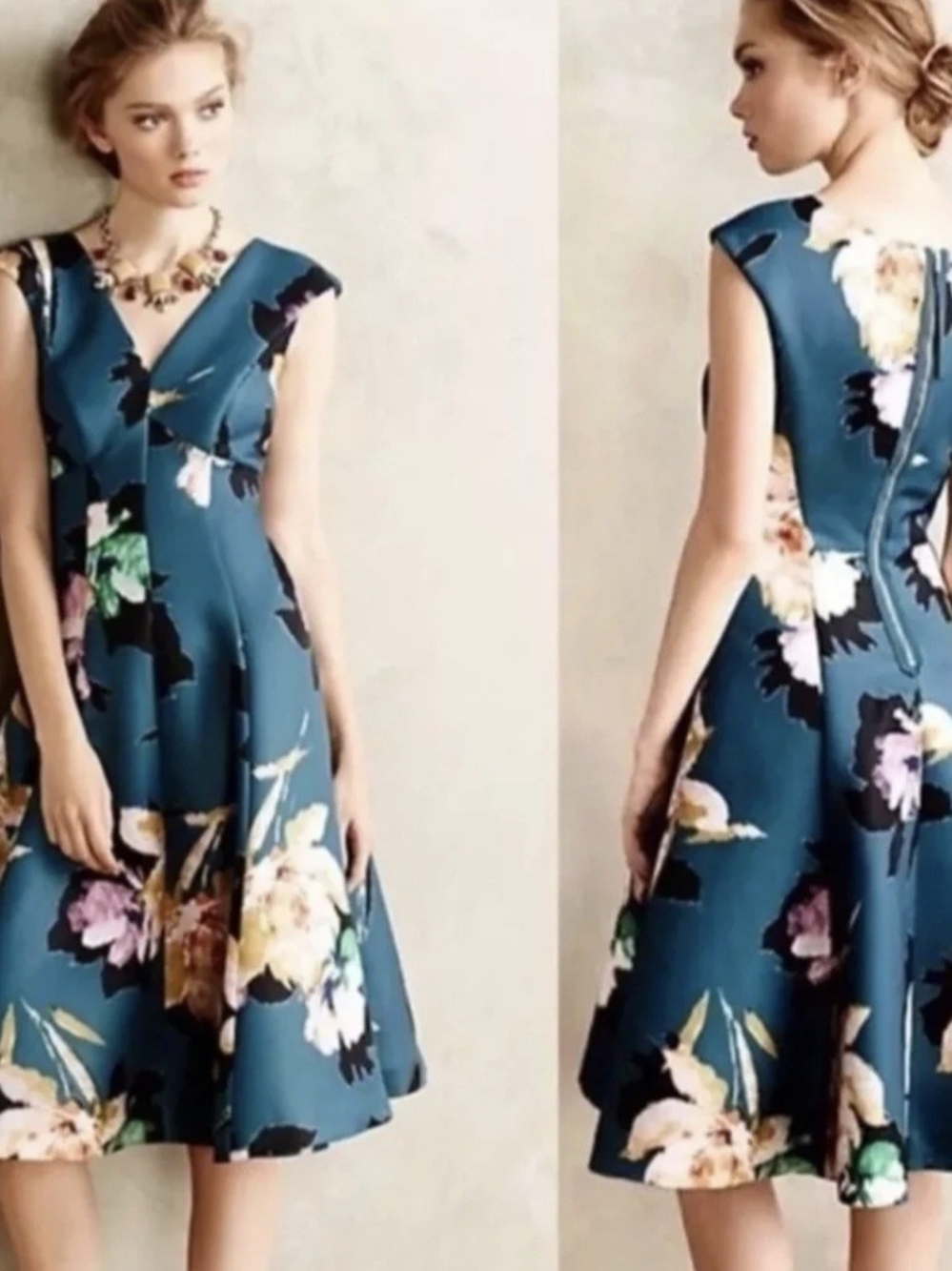 Moulinette Soeurs Teal Floral V-Neck Fit & Flare Dress